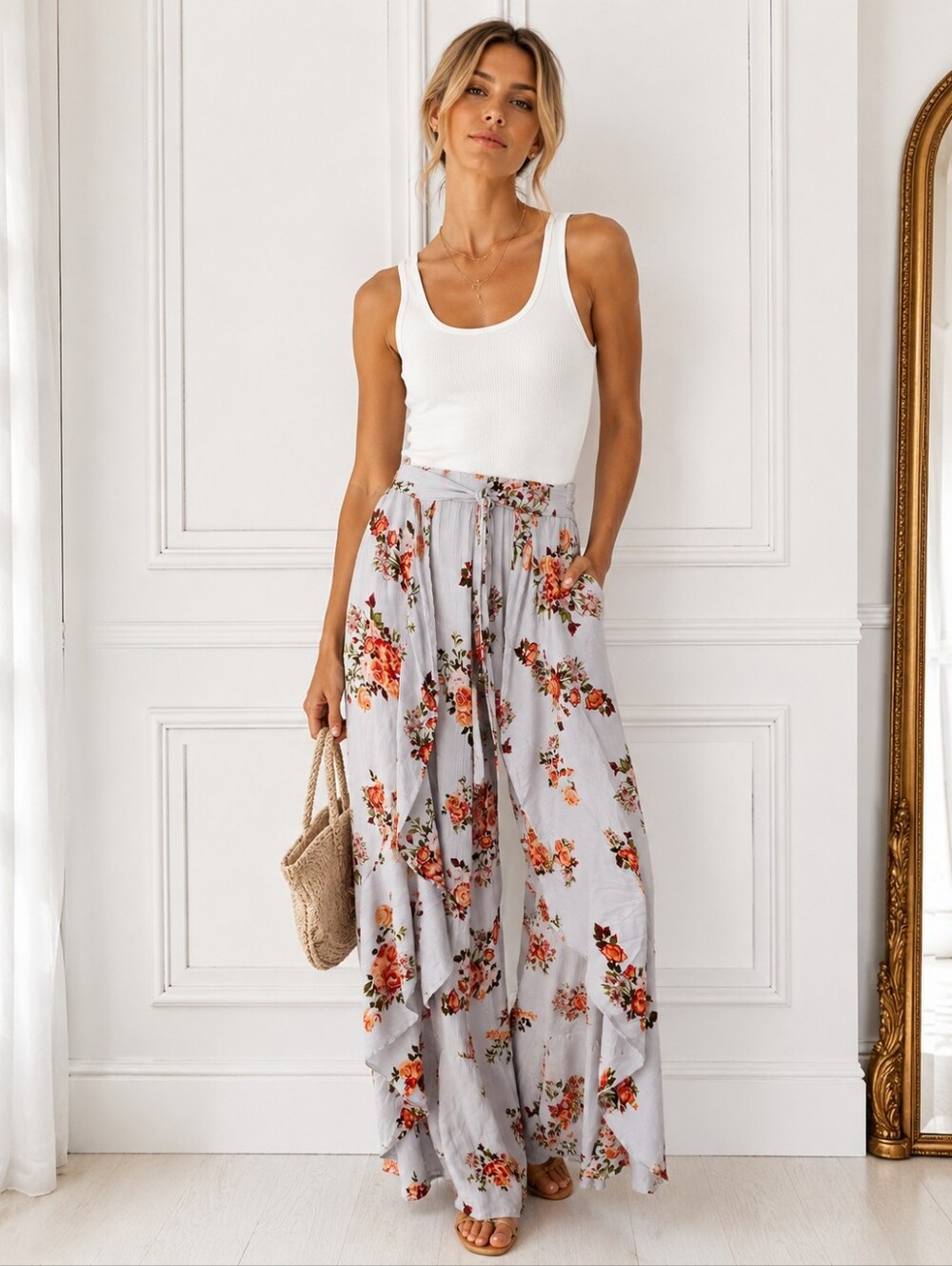 Angie Floral Wrap Pants Women's Large Boho Wide Leg Palazzo Resort Vacation